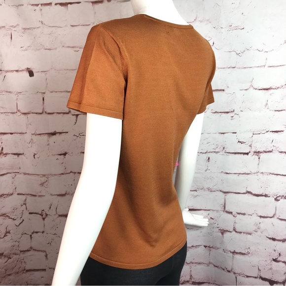 JONES NY PETITE MEDIUM Silk fine ribbed knit caramel brown short sleeve top MP - Picture 4 of 12